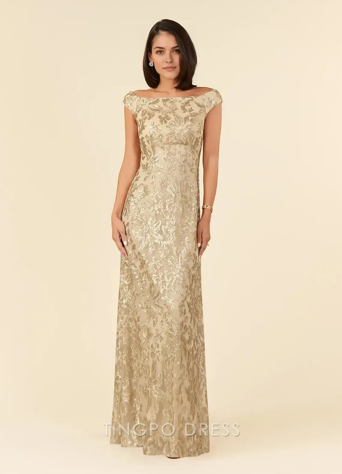 TingPo Wholesale Elegant Champagne A-Line Off the Shoulder Lace Dress